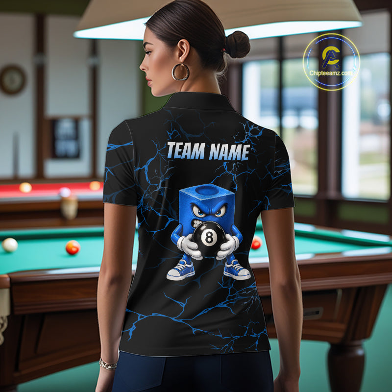 Women Funny Billiard Chalk Polo 1/4-Zip Shirt Custom Name Blue Lightning 8 Ball Pool Team Jersey NYN5090