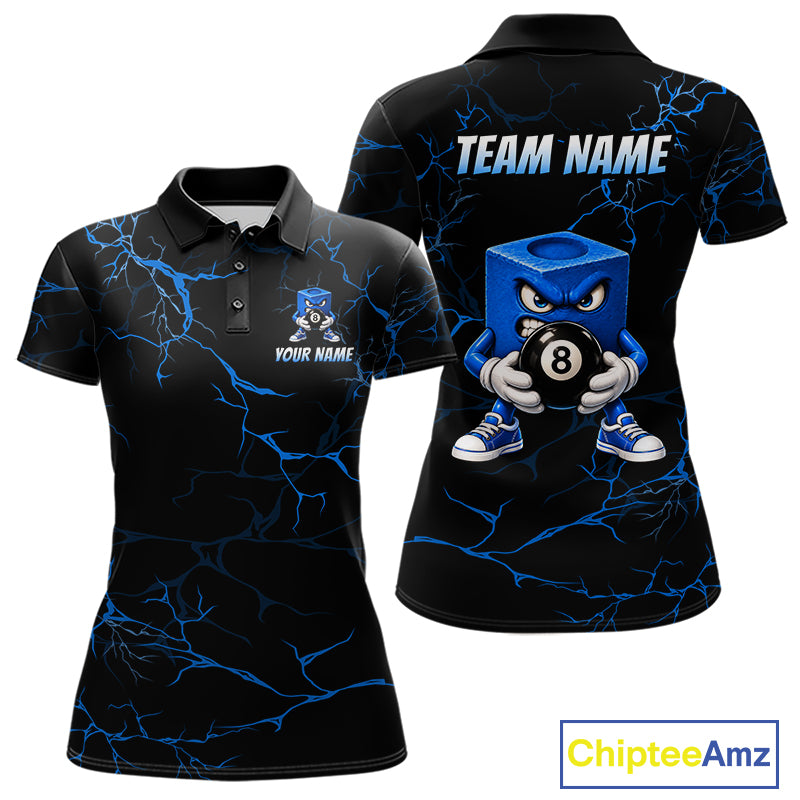 Women Funny Billiard Chalk Polo 1/4-Zip Shirt Custom Name Blue Lightning 8 Ball Pool Team Jersey NYN5090