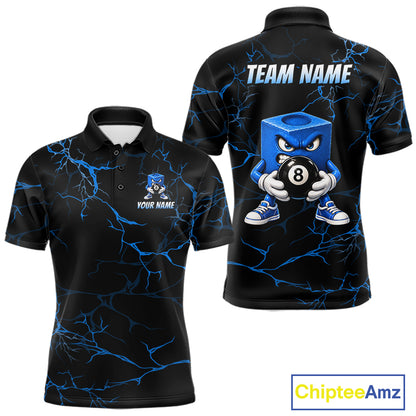 Men Funny Billiard Chalk Polo 1/4-Zip Shirt Custom Name Blue Lightning 8 Ball Pool Team Jersey NYN5090