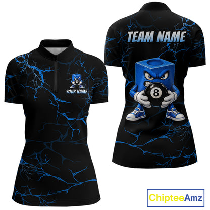 Women Funny Billiard Chalk Polo 1/4-Zip Shirt Custom Name Blue Lightning 8 Ball Pool Team Jersey NYN5090