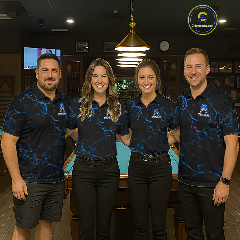 Men Funny Billiard Chalk Polo 1/4-Zip Shirt Custom Name Blue Lightning 8 Ball Pool Team Jersey NYN5090