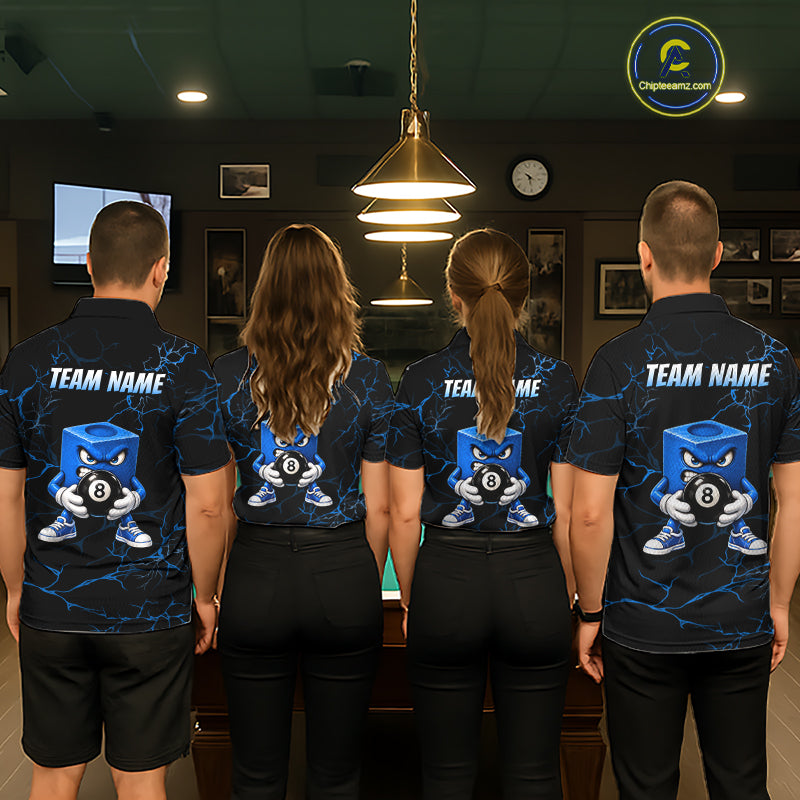 Men Funny Billiard Chalk Polo 1/4-Zip Shirt Custom Name Blue Lightning 8 Ball Pool Team Jersey NYN5090