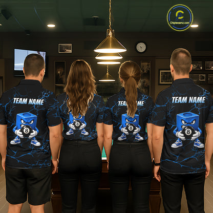 Men Funny Billiard Chalk Polo 1/4-Zip Shirt Custom Name Blue Lightning 8 Ball Pool Team Jersey NYN5090
