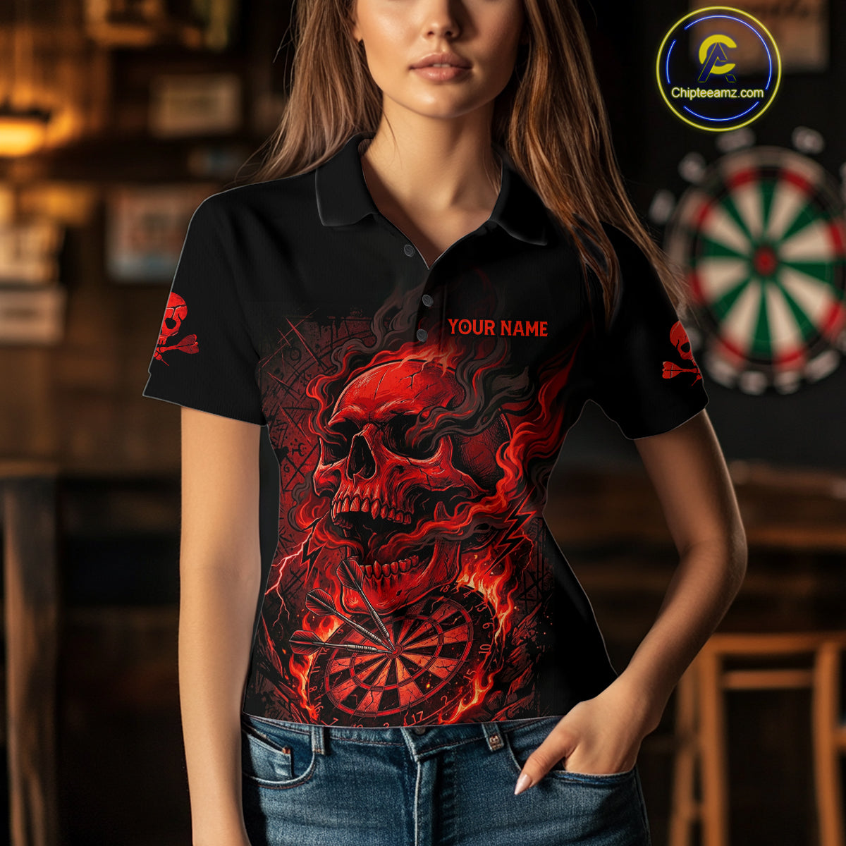 Fire Flame Skull Red Grunge Dartboard Custom Dart Polo Shirt For Women Dart League Jerseys NYN2092