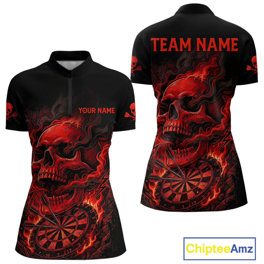 Fire Flame Skull Red Grunge Dartboard Custom Dart Quarter-Zip Shirt For Women Dart League Jerseys NYN2092