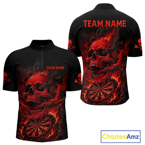 Fire Flame Skull Red Grunge Dartboard Custom Dart Quarter-Zip Shirt For Men Dart League Jerseys NYN2092