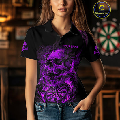 Fire Flame Skull Purple Grunge Dartboard Custom Dart Polo Shirt For Women Dart League Jerseys NYN2093