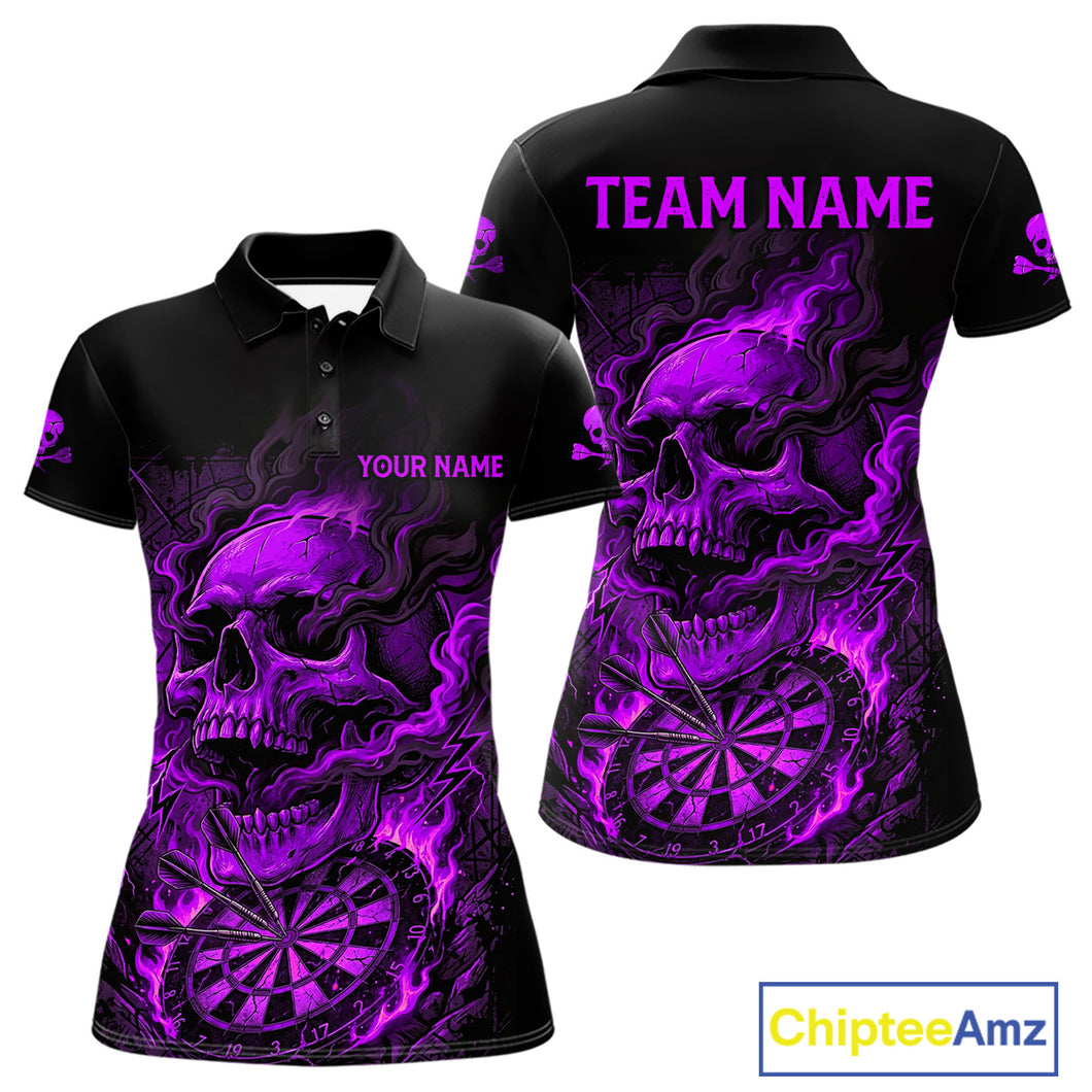 Fire Flame Skull Purple Grunge Dartboard Custom Dart Polo Shirt For Women Dart League Jerseys NYN2093
