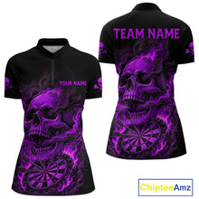 Load image into Gallery viewer, Fire Flame Skull Purple Grunge Dartboard Custom Dart Quarter-Zip Shirt For Women Dart League Jerseys NYN2093