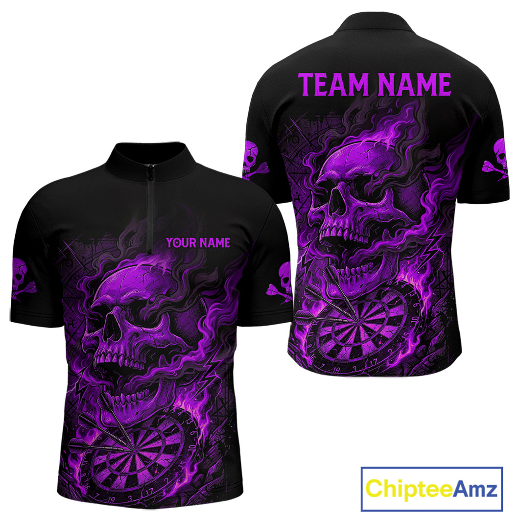 Fire Flame Skull Purple Grunge Dartboard Custom Dart Quarter-Zip Shirt For Men Dart League Jerseys NYN2093