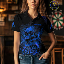 Load image into Gallery viewer, Fire Flame Skull Blue Grunge Dartboard Custom Dart Polo Shirt For Women Dart League Jerseys NYN2094