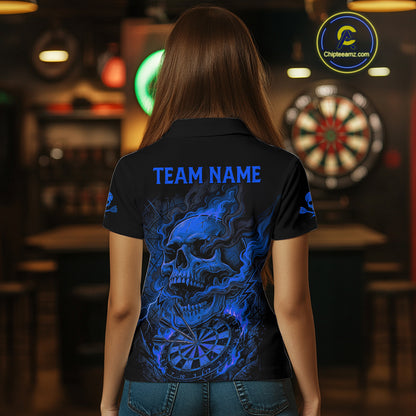 Fire Flame Skull Blue Grunge Dartboard Custom Dart Polo Shirt For Women Dart League Jerseys NYN2094