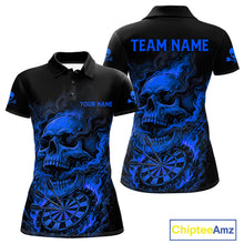Load image into Gallery viewer, Fire Flame Skull Blue Grunge Dartboard Custom Dart Polo Shirt For Women Dart League Jerseys NYN2094