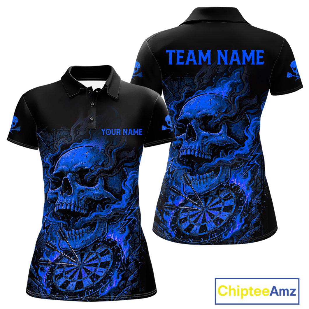 Fire Flame Skull Blue Grunge Dartboard Custom Dart Polo Shirt For Women Dart League Jerseys NYN2094