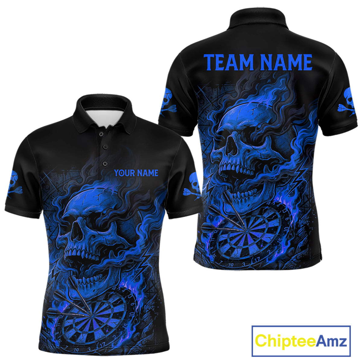Fire Flame Skull Blue Grunge Dartboard Custom Dart Polo Shirt For Men Dart League Jerseys NYN2094