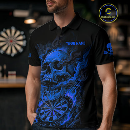 Fire Flame Skull Blue Grunge Dartboard Custom Dart Polo Shirt For Men Dart League Jerseys NYN2094