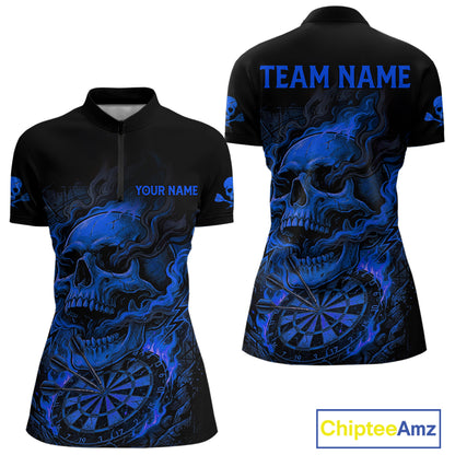 Fire Flame Skull Blue Grunge Dartboard Custom Dart Quarter-Zip Shirt For Women Dart League Jerseys NYN2094