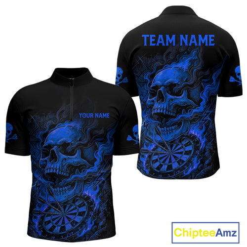Fire Flame Skull Blue Grunge Dartboard Custom Dart Quarter-Zip Shirt For Men Dart League Jerseys NYN2094