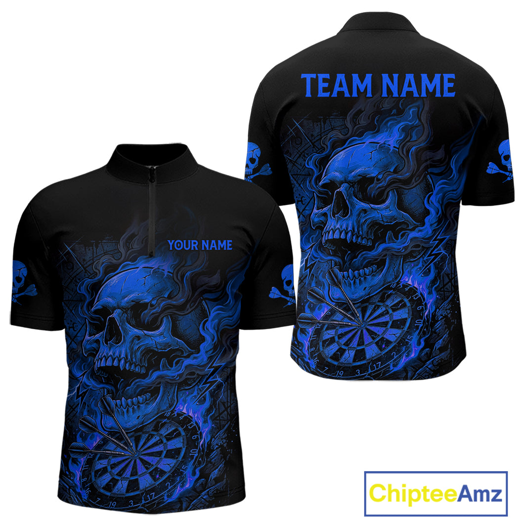 Fire Flame Skull Blue Grunge Dartboard Custom Dart Quarter-Zip Shirt For Men Dart League Jerseys NYN2094
