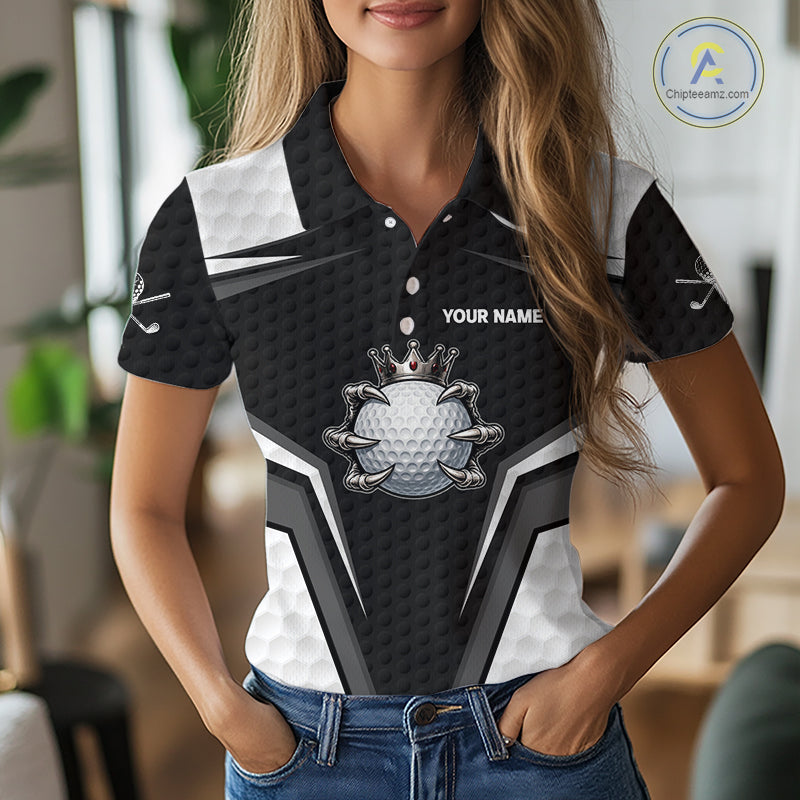 Custom Crown Claws Golf Ball Team Attire White And Black Golf Ball Pattern Polo Shirts For Women NYN3177