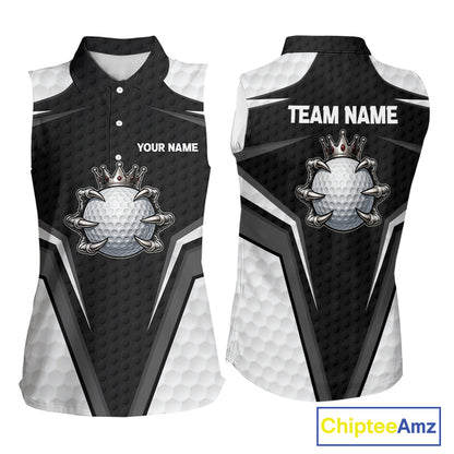 Custom Crown Claws Golf Ball Team Attire White And Black Golf Ball Sleeveless Polo Shirts For Women NYN3177