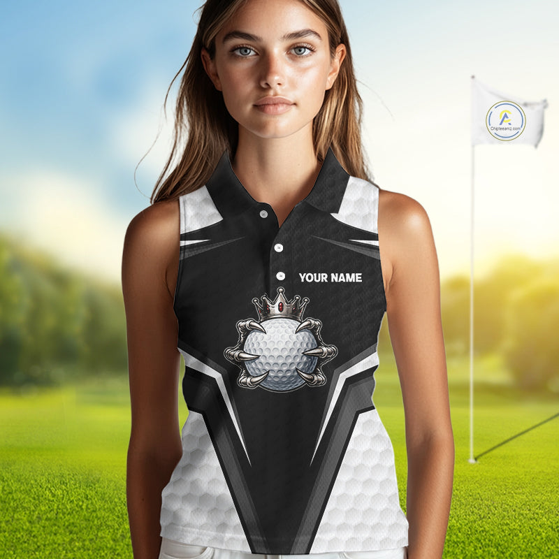 Custom Crown Claws Golf Ball Team Attire White And Black Golf Ball Sleeveless Polo Shirts For Women NYN3177