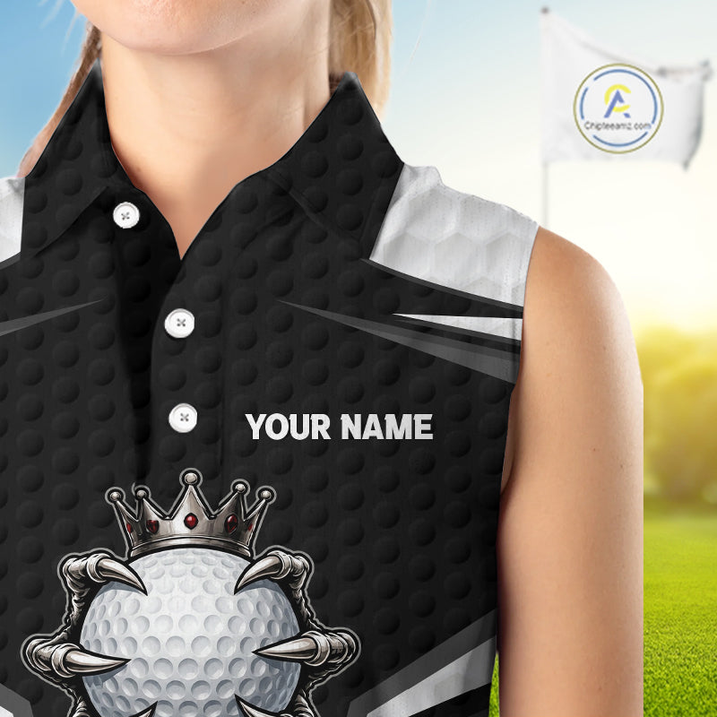 Custom Crown Claws Golf Ball Team Attire White And Black Golf Ball Sleeveless Polo Shirts For Women NYN3177