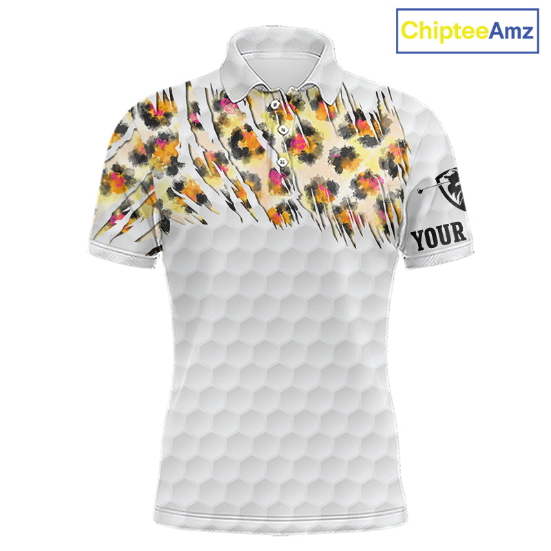 Yellow leopard pattern mens golf polo shirt custom golf team outfit