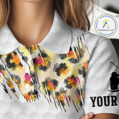 Yellow Leopard Pattern Womens Golf Polo Shirts Custom Unique Polo Shirts Golf Team Outfits NYN3388