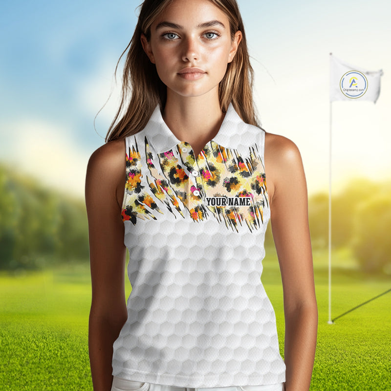 Yellow Leopard Pattern Womens Golf Sleeveless Polo Shirts Custom Unique Polo Shirts Golf Team Outfits NYN3388