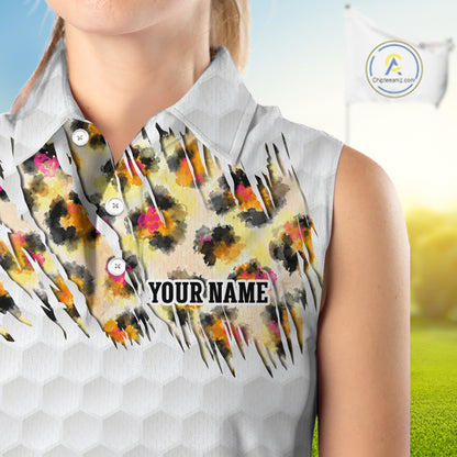 Yellow Leopard Pattern Womens Golf Sleeveless Polo Shirts Custom Unique Polo Shirts Golf Team Outfits NYN3388