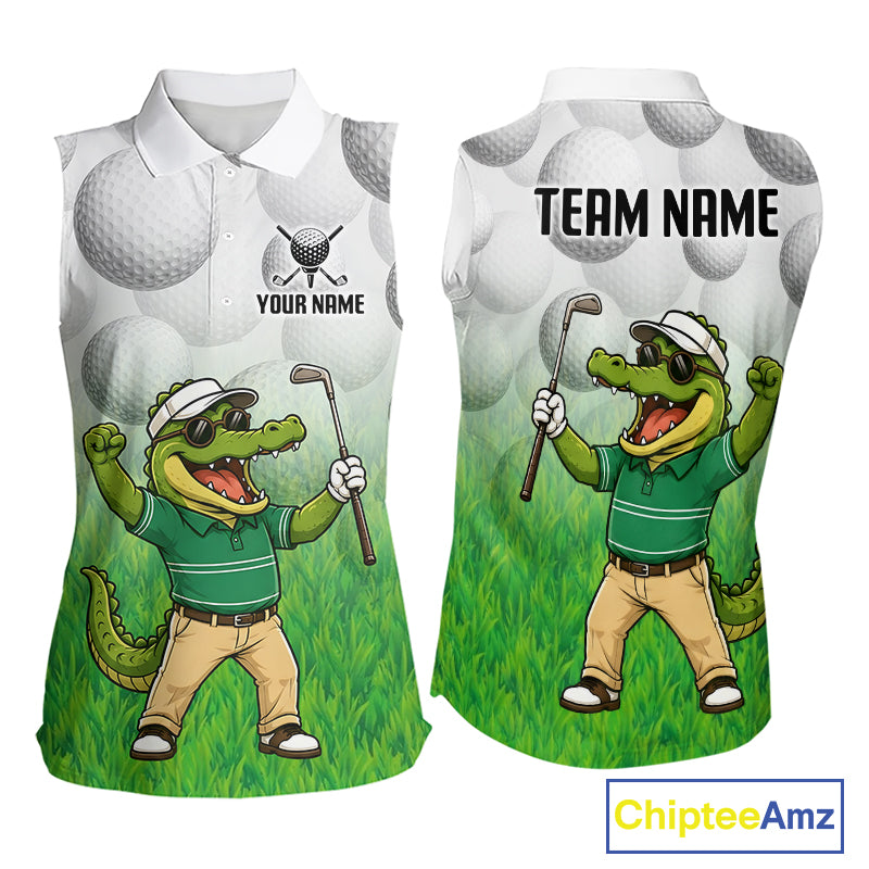 Funny alligator golfer womens golf sleeveless polo shirt golf apparel