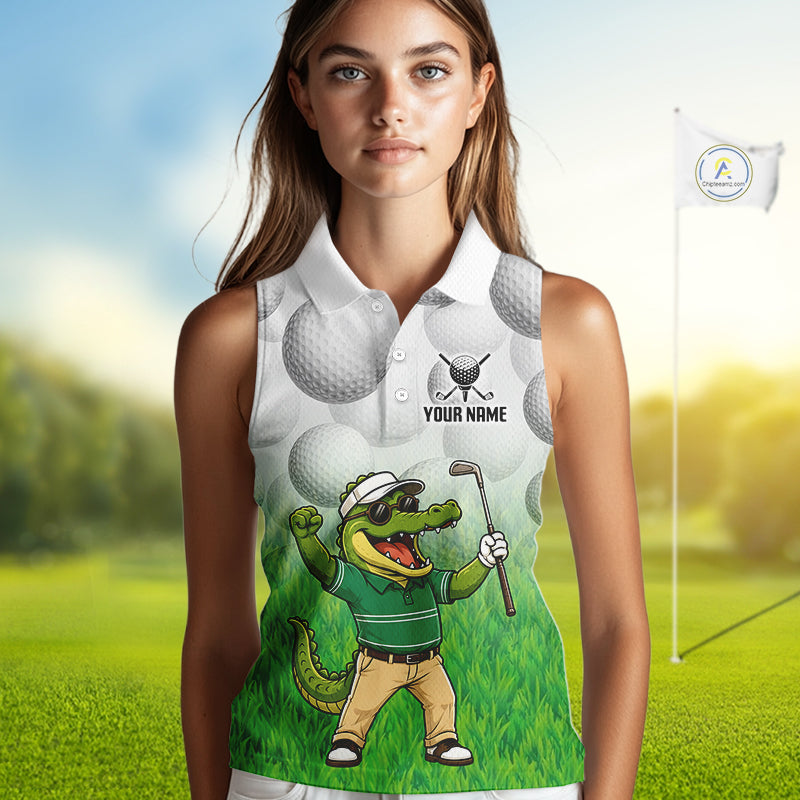 Funny Womens Golf Sleeveless Polo Shirt Custom Alligator Golfer Grass Pattern Golf Team Outfits NYN3397
