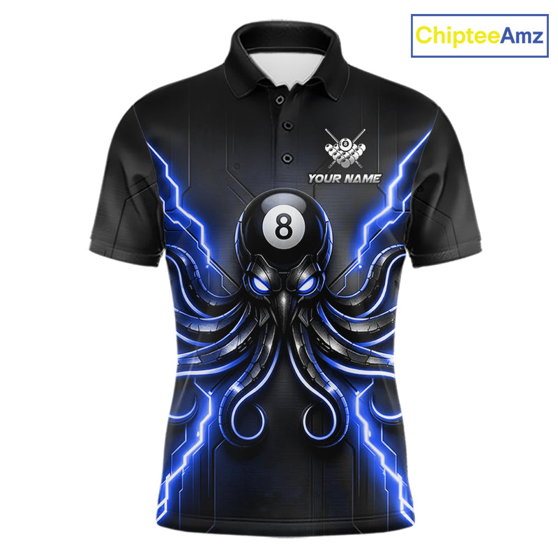 Thunder Blue Octopus 8 Ball Men's Billiard Polo, Personalized Pool League Jersey, Funny Octopus Cue Sports Apparel