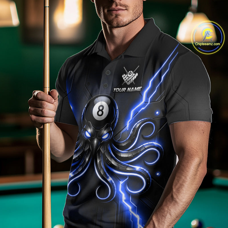Male model wearing Thunder Blue Octopus billiard jersey during league competition, custom pool team apparel, professional cue sports style