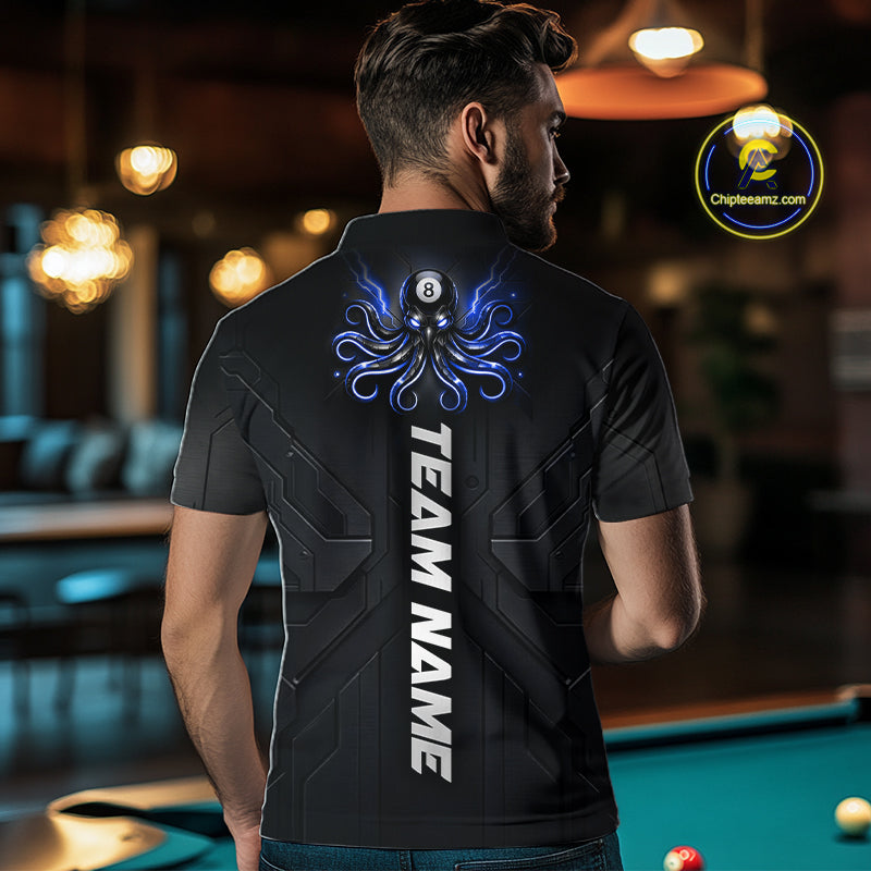 Male model wearing Thunder Blue Octopus billiard jersey during league competition, custom pool team apparel, professional cue sports style