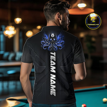 Male model wearing Thunder Blue Octopus billiard jersey during league competition, custom pool team apparel, professional cue sports style
