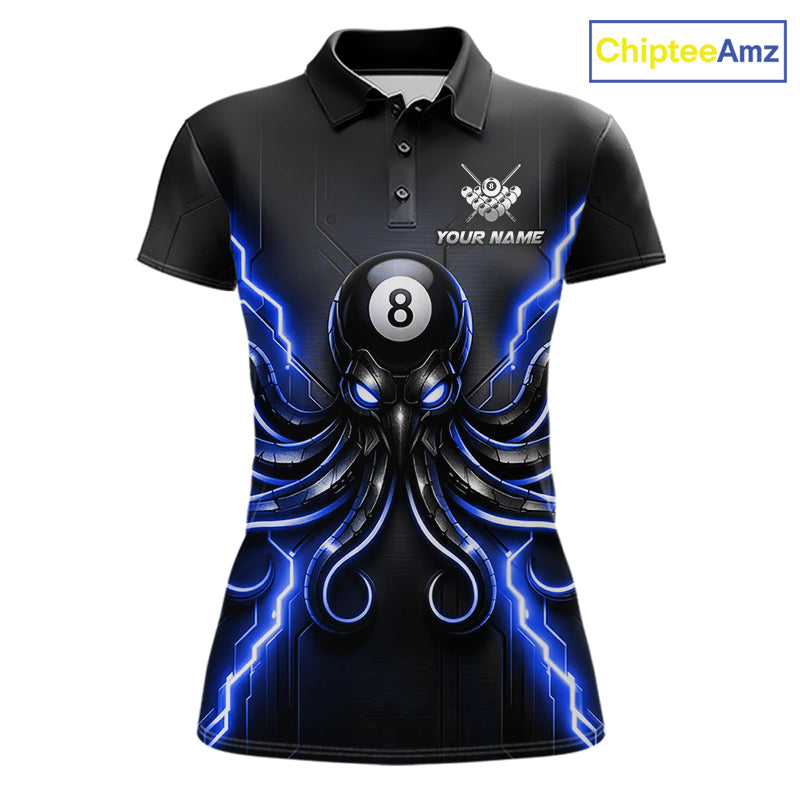 Thunder Blue Octopus 8 Ball Women's Billiard Polo, Personalized Pool Team Jersey, Funny Octopus Cue Sports Shirt, Billiard  League Apparel.