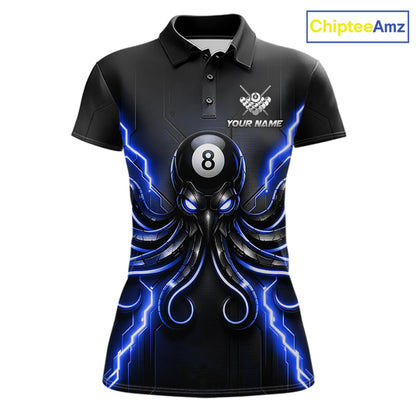 Thunder Blue Octopus 8 Ball Women's Billiard Polo, Personalized Pool Team Jersey, Funny Octopus Cue Sports Shirt, Billiard  League Apparel.