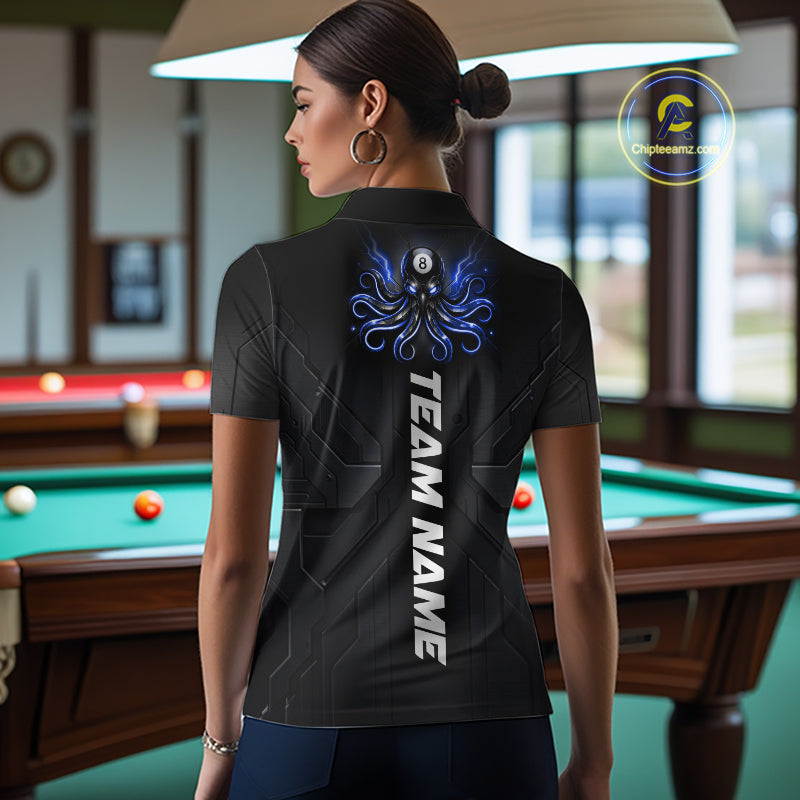 Female model wearing Thunder Blue Octopus billiard polo at pool tournament, billiard  cue sports apparel, billiard  personalized team uniform.