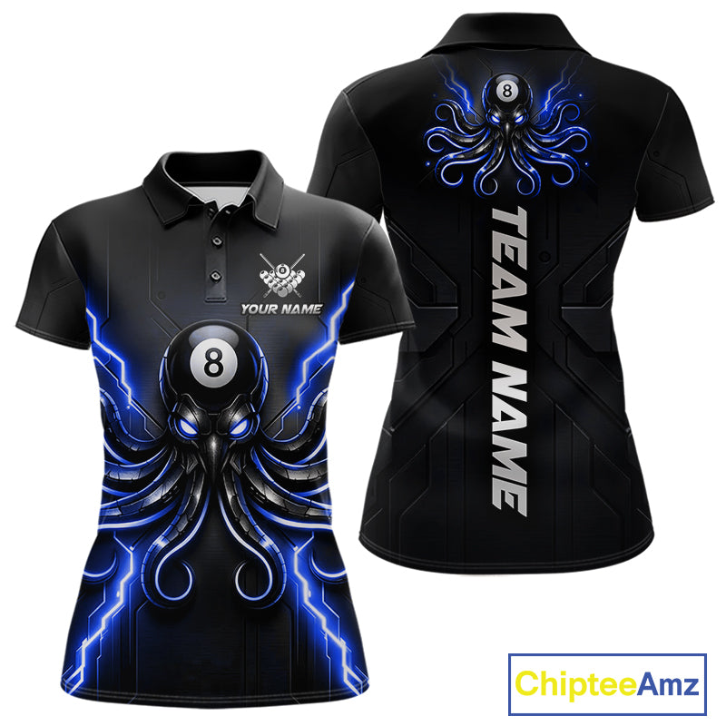 Thunder Blue Octopus 8 Ball Women's Billiard Polo, Personalized Pool Team Jersey, Funny Octopus Cue Sports Shirt, Billiard  League Apparel.