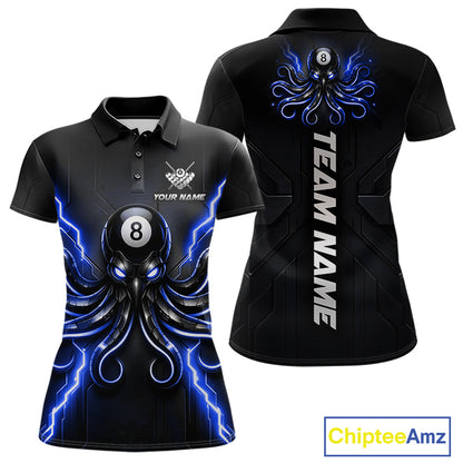 Thunder Blue Octopus 8 Ball Women's Billiard Polo, Personalized Pool Team Jersey, Funny Octopus Cue Sports Shirt, Billiard  League Apparel.