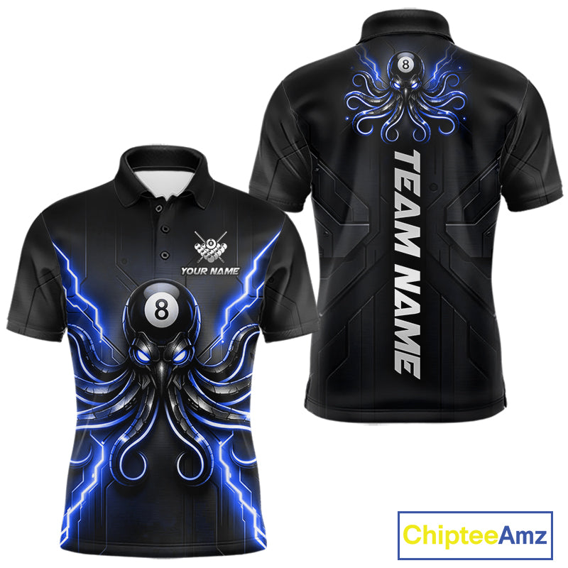 Thunder Blue Octopus 8 Ball Men's Billiard Polo, Personalized Pool League Jersey, Funny Octopus Cue Sports Apparel
