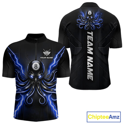 Thunder Blue Octopus Men's Quarter-Zip Pool Jersey, Personalized League Uniform, Athletic Cue Sports Shirt