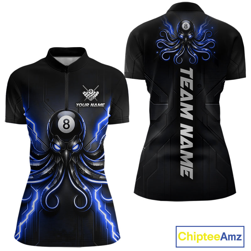 Thunder Blue Octopus Women's Quarter-Zip Billiard Shirt, Custom 8 Ball Pool Tournament Jersey.