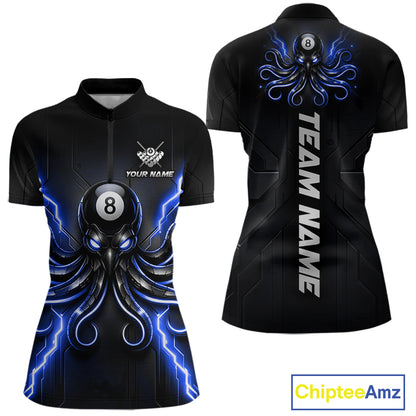 Thunder Blue Octopus Women's Quarter-Zip Billiard Shirt, Custom 8 Ball Pool Tournament Jersey.