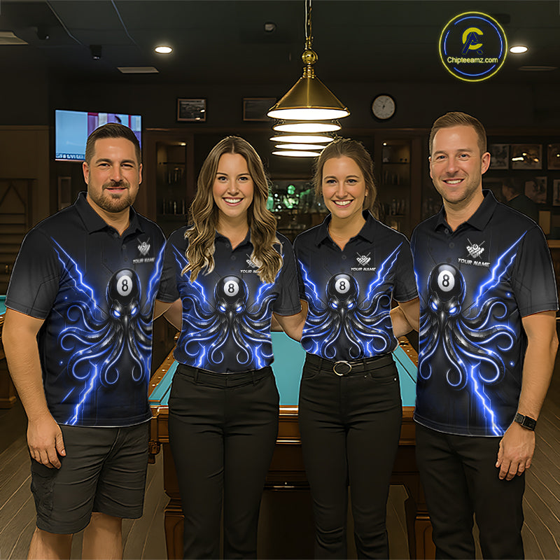 Pool team wearing matching Thunder Blue Octopus billiard jerseys, billiard tournaments, teamwork, championship.
