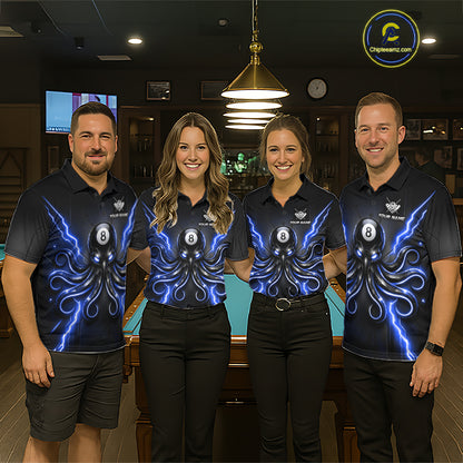 Pool team wearing matching Thunder Blue Octopus billiard jerseys, billiard tournaments, teamwork, championship.