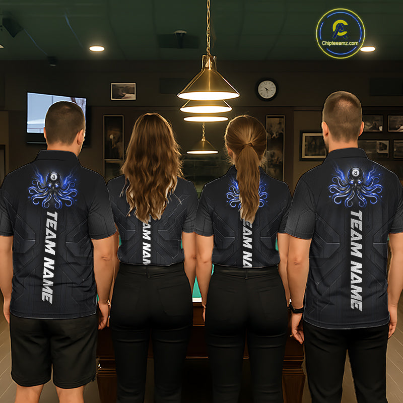 Pool team wearing matching Thunder Blue Octopus billiard jerseys, billiard tournaments, teamwork, championship.