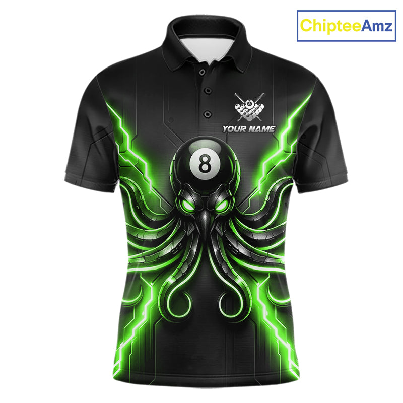 Thunder Green Octopus 8 Ball Men's Billiard Polo, Personalized Pool League Team Jersey